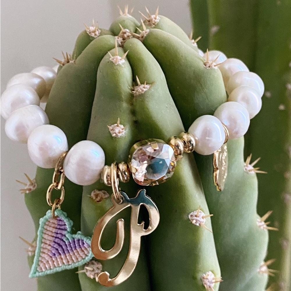 Gold and White Bracelet with Pearl Beads and Charms